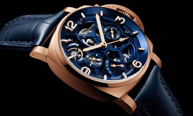 華麗撞色！紅金殼配鍍藍(lán)面｜Panerai Luminor陀飛輪兩地時(shí)間紅金腕表-PAM01060-復(fù)刻表