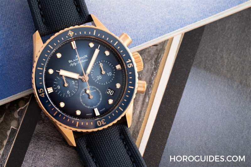 18K紅金藍(lán)面、23級鈦灰面,Blancpain五十噚深潛器飛返計時碼表兩款延伸新作-復(fù)刻表