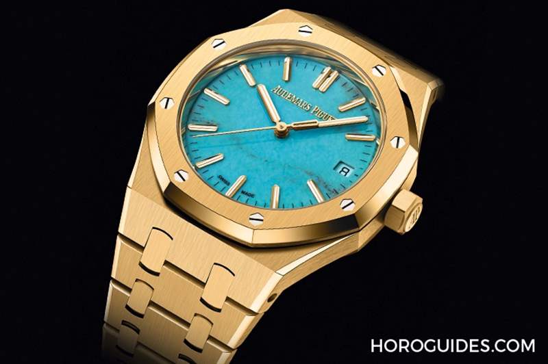 愛彼Royal Oak皇家橡樹自動上鏈腕表，黃金表殼搭配天然綠松石表面-復刻表