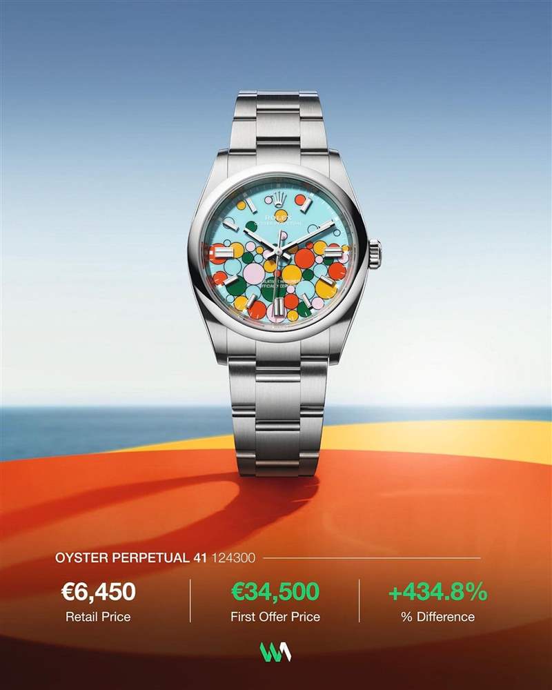 彩色氣泡面OP 124300最近剛剛進入到二級市場,由于貨量還非常少,導致手表行情狂飆,目前第一波報價高達34,500歐羅,溢價率超過430%。 (IG@watchanalytics) ROLEX OP 124300 41mm首波行情揭曉彩色氣泡面手表溢價驚為天人-復刻表