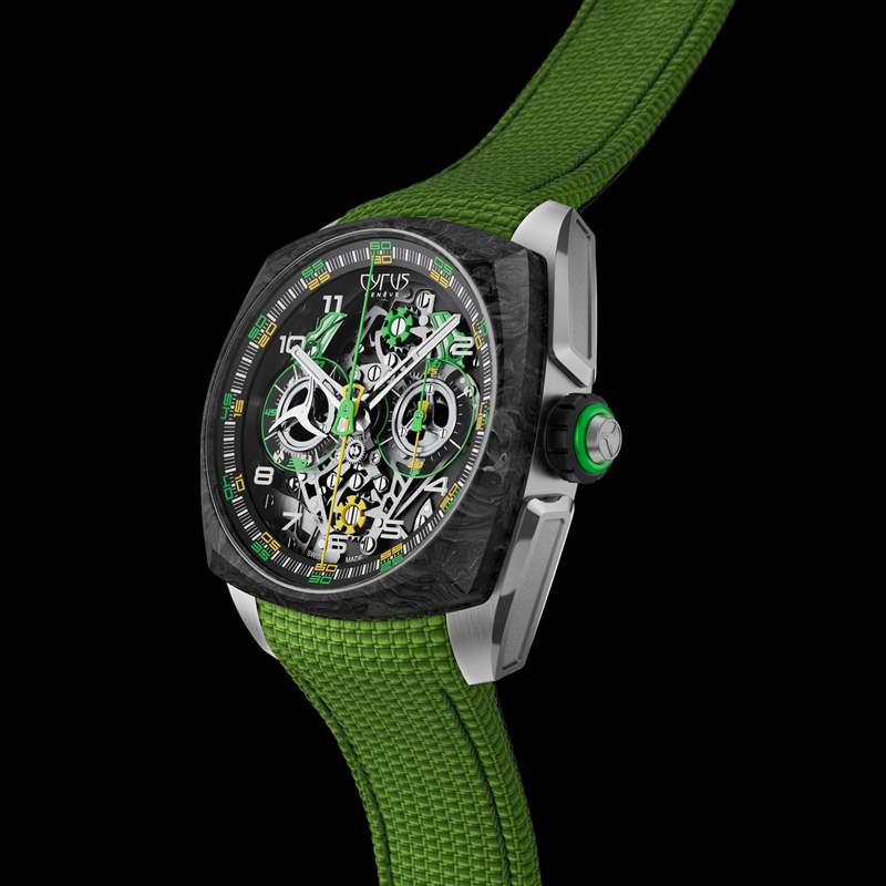 除了鈦金屬錶鍊款式,還配有綠色Cordura織物錶帶款式(圖片來源:CYRUS) 瑞士表廠CYRUS特立獨行新作大玩復雜功能可同步測量兩個時段-復刻表