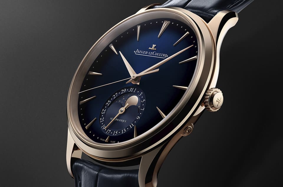 積家Master Ultra超薄大師月相表改玫瑰金材質(zhì)搭配漸層藍色面盤詮釋雅致型格-復刻表